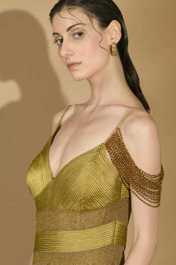 Geisha Designs Gold Nylon Embroidered Beads Plunged Leaf Nyra Corded Gown Online at Aza Fashions Geisha Designs_Gold Nylon Embroidered Beads Plunged Leaf Nyra Corded Gown _Online_at_Aza_Fashions