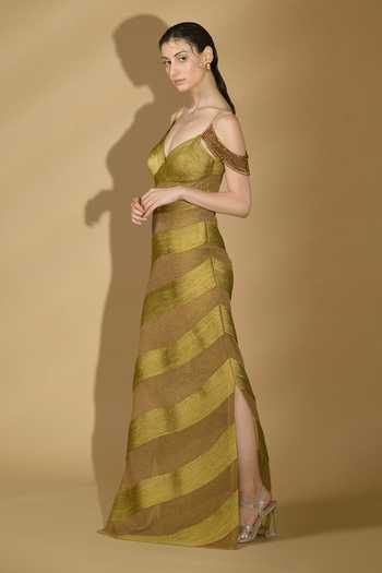 Buy Geisha Designs Gold Nylon Embroidered Beads Plunged Leaf Nyra Corded Gown Online at Aza Fashions Buy_Geisha Designs_Gold Nylon Embroidered Beads Plunged Leaf Nyra Corded Gown _Online_at_Aza_Fashions