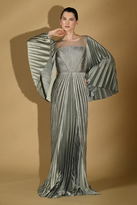 Geisha Designs Madison Flared Cape Sleeve Pleated Gown 