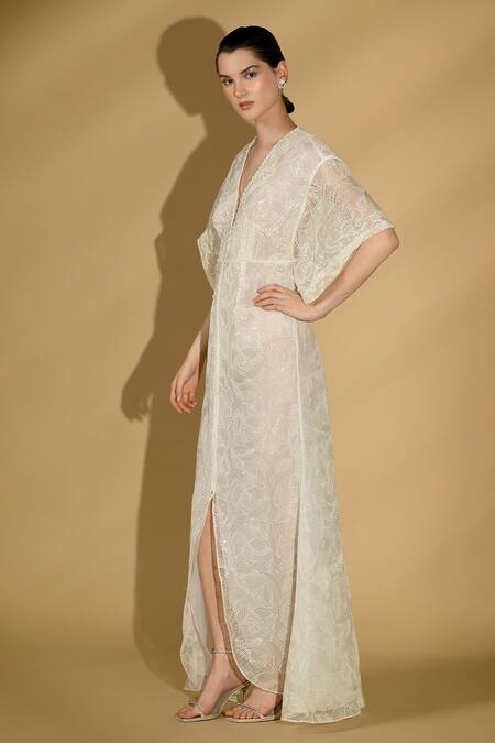 Buy Geisha Designs White Nylon Embroidered Sequins Plunged V Victoria Pearl Kaftan Gown Online at Aza Fashions Buy_Geisha Designs_White Nylon Embroidered Sequins Plunged V Victoria Pearl Kaftan Gown _Online_at_Aza_Fashions