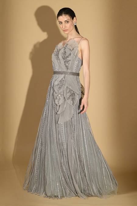 Buy Geisha Designs Grey Nylon Embroidered Asymmetric Selene Structured Leaf Panel Gown Online at Aza Fashions Buy_Geisha Designs_Grey Nylon Embroidered Asymmetric Selene Structured Leaf Panel Gown _Online_at_Aza_Fashions