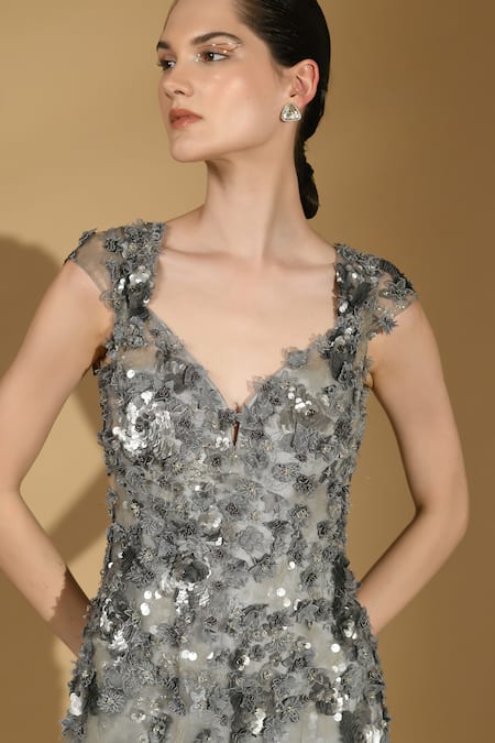 Geisha Designs Grey Rayon, Nylon Sequins, Fabric Flowers Plunge Iris 3d Embroidered Slit Gown Online at Aza Fashions Geisha Designs_Grey Rayon, Nylon Sequins, Fabric Flowers Plunge Iris 3d Embroidered Slit Gown _Online_at_Aza_Fashions