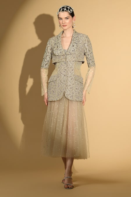 Geisha Designs Chloe Lace Embroidered Jacket With Pearl Dress 