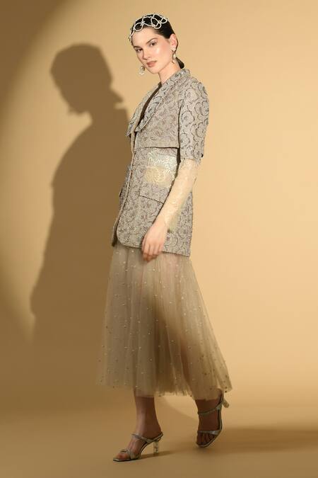 Buy Geisha Designs Grey Nylon Embroidered Lace Dress Scoop Chloe Jacket With Pearl Online at Aza Fashions Buy_Geisha Designs_Grey Nylon Embroidered Lace Dress Scoop Chloe Jacket With Pearl _Online_at_Aza_Fashions
