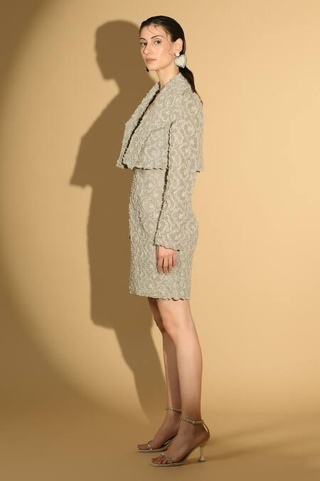 Buy Geisha Designs Gray Nylon Embroidered Pearl Dress Scoop Jacket And Set Online at Aza Fashions Buy_Geisha Designs_Gray Nylon Embroidered Pearl Dress Scoop Jacket And Set _Online_at_Aza_Fashions