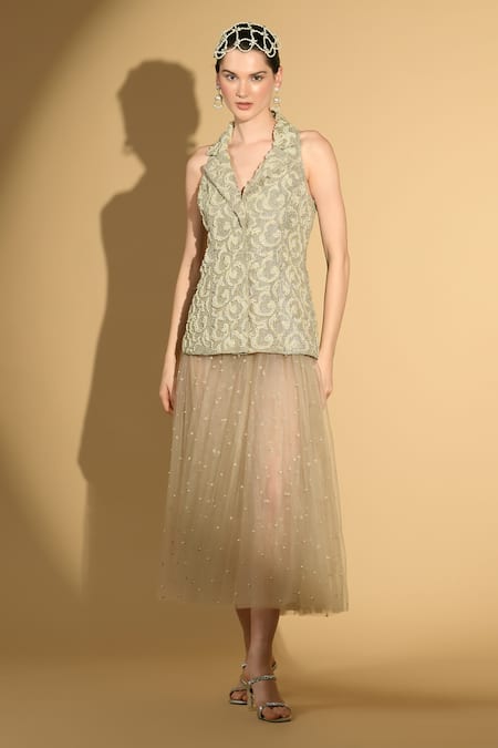 Geisha Designs Eva Embroidered Waistcoat With Pearl Dress