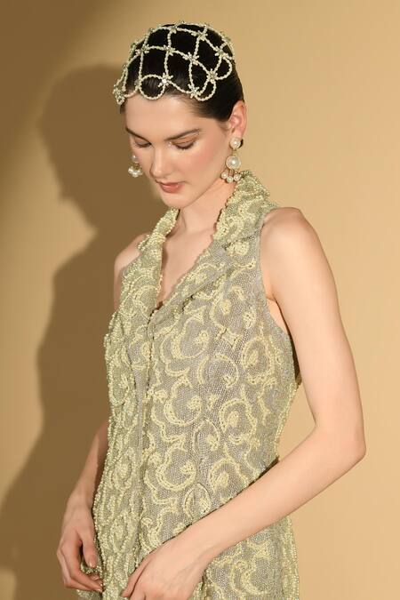 Geisha Designs Grey Nylon Embroidered Floral Waistcoat Eva With Pearl Dress Online at Aza Fashions Geisha Designs_Grey Nylon Embroidered Floral Waistcoat Eva With Pearl Dress _Online_at_Aza_Fashions