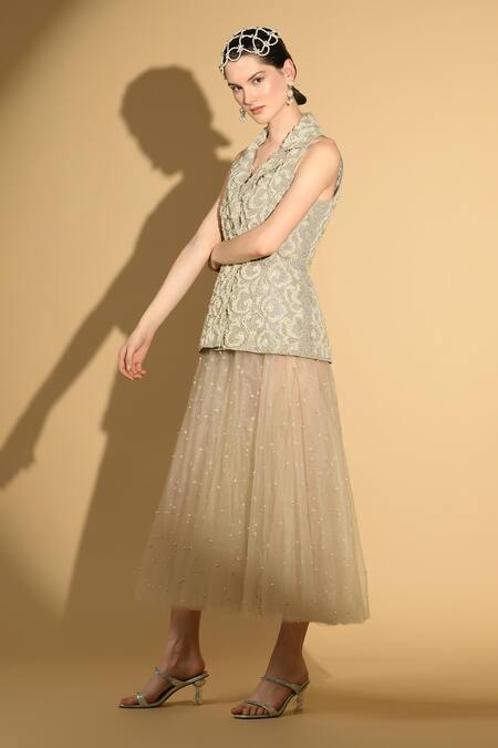 Buy Geisha Designs Grey Nylon Embroidered Floral Waistcoat Eva With Pearl Dress Online at Aza Fashions Buy_Geisha Designs_Grey Nylon Embroidered Floral Waistcoat Eva With Pearl Dress _Online_at_Aza_Fashions