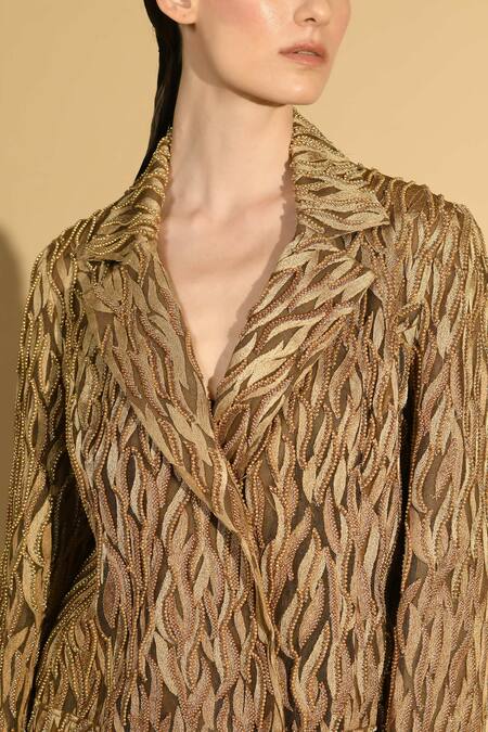 Geisha Designs_Brown Nylon Embroidered Abstract Leaf Notched Ivanca Blazer Dress  _Online_at_Aza_Fashions