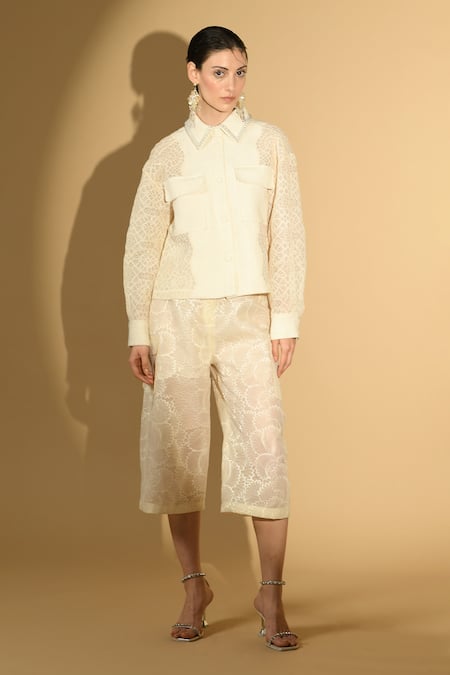 Geisha Designs Off White Nylon Embroidered Winona Embellished Shacket And Culottes Set  