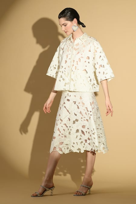 Geisha Designs Penelope Floral Cutwork Shirt & Skirt Co-ord Set 