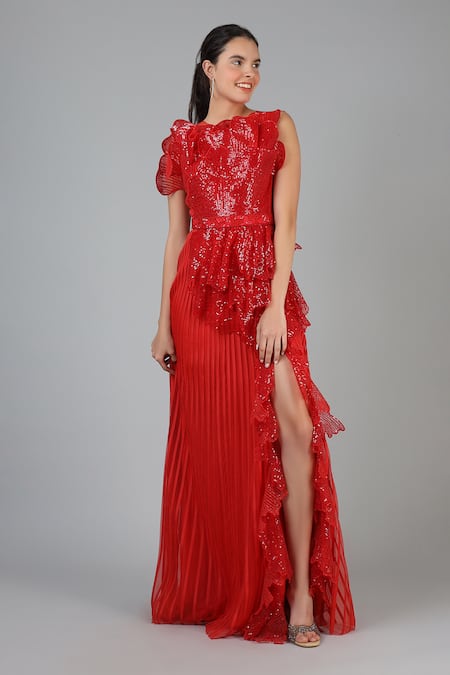 Geisha Designs Red Nylon Embroidered Sequin Round Scarlett Structured Gown  