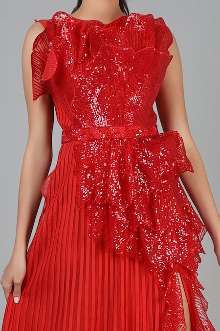Geisha Designs Red Viscose, Nylon Embroidery Round Neck Scarlett Sequin Structured Gown Online at Aza Fashions Geisha Designs_Red Viscose, Nylon Embroidery Round Neck Scarlett Sequin Structured Gown _Online_at_Aza_Fashions
