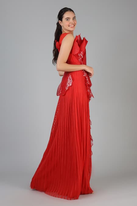 Buy Geisha Designs Red Viscose, Nylon Embroidery Round Neck Scarlett Sequin Structured Gown Online at Aza Fashions Buy_Geisha Designs_Red Viscose, Nylon Embroidery Round Neck Scarlett Sequin Structured Gown _Online_at_Aza_Fashions
