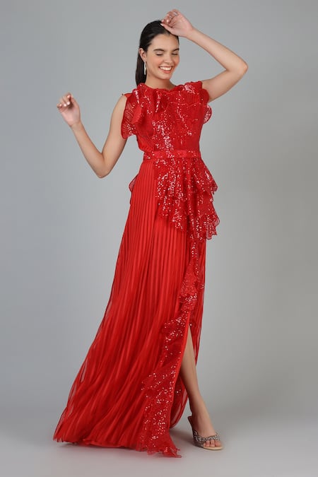Shop Geisha Designs Red Viscose, Nylon Embroidery Round Neck Scarlett Sequin Structured Gown Online at Aza Fashions Shop_Geisha Designs_Red Viscose, Nylon Embroidery Round Neck Scarlett Sequin Structured Gown _Online_at_Aza_Fashions