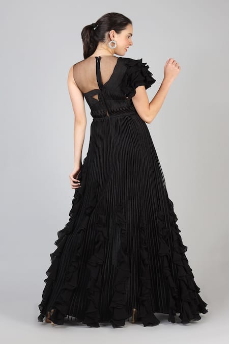 Shop_Geisha Designs_Black Nylon Round Donna Braided Ruffle Gown _at_Aza_Fashions