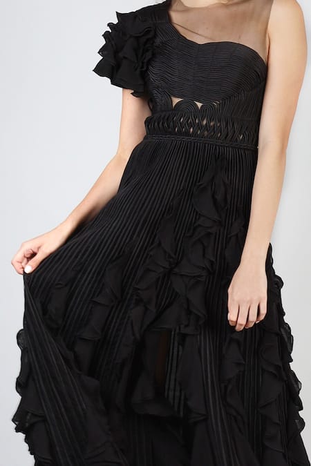 Geisha Designs_Black Nylon Round Donna Braided Ruffle Gown _Online_at_Aza_Fashions