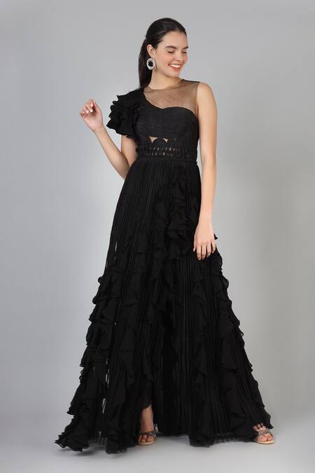 Buy_Geisha Designs_Black Nylon Round Donna Braided Ruffle Gown _Online_at_Aza_Fashions