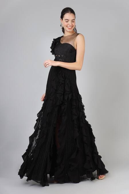 Shop_Geisha Designs_Black Nylon Round Donna Braided Ruffle Gown _Online_at_Aza_Fashions