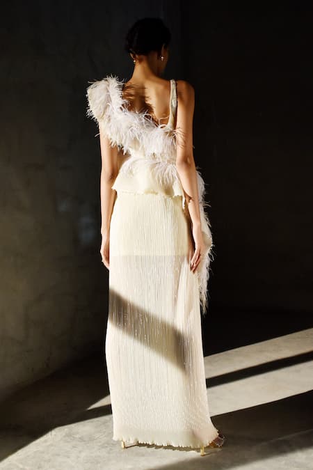 Geisha Designs Monique Faux Feather Peplum Gown 
