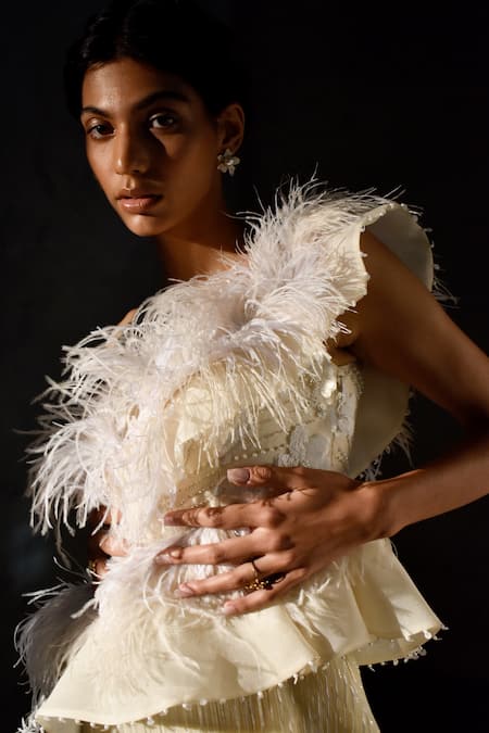 Geisha Designs_Cream Nylon Embroidered Pearl Monique Faux Feather Peplum Gown  _Online_at_Aza_Fashions