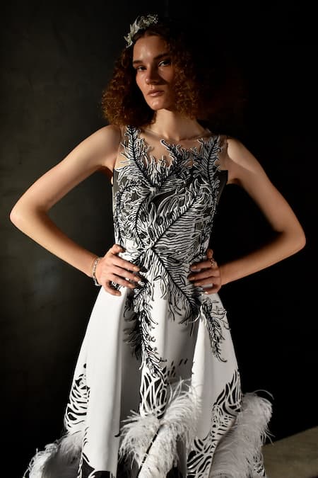 Geisha Designs_White Polyester, Viscose Applique, Beads Round Neck Jeanne Leaf Cut Work Gown _Online_at_Aza_Fashions