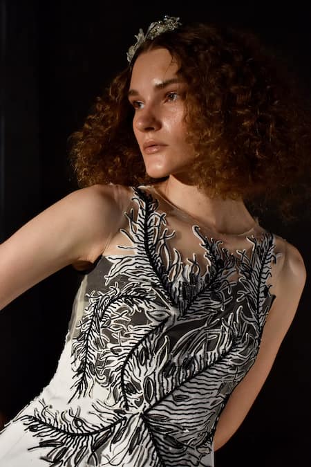 Buy_Geisha Designs_White Polyester, Viscose Applique, Beads Round Neck Jeanne Leaf Cut Work Gown _Online_at_Aza_Fashions