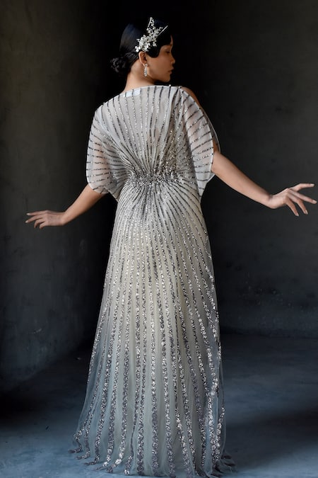 Shop_Geisha Designs_Cream Nylon Embroidered Bead Sweetheart Fleura Metallic Stripe Gown  _at_Aza_Fashions