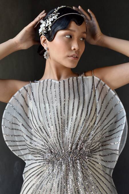 Geisha Designs_Cream Nylon Embroidered Bead Sweetheart Fleura Metallic Stripe Gown  _Online_at_Aza_Fashions