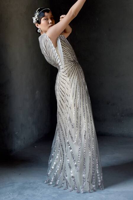 Buy_Geisha Designs_Cream Nylon Embroidered Bead Sweetheart Fleura Metallic Stripe Gown  _Online_at_Aza_Fashions