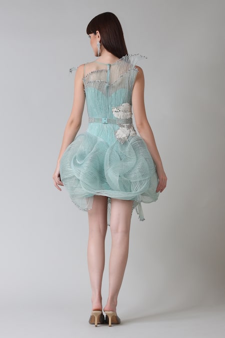 Shop_Geisha Designs_Green Nylon Embroidered Crystal Asymmetric Margot Dress  _at_Aza_Fashions