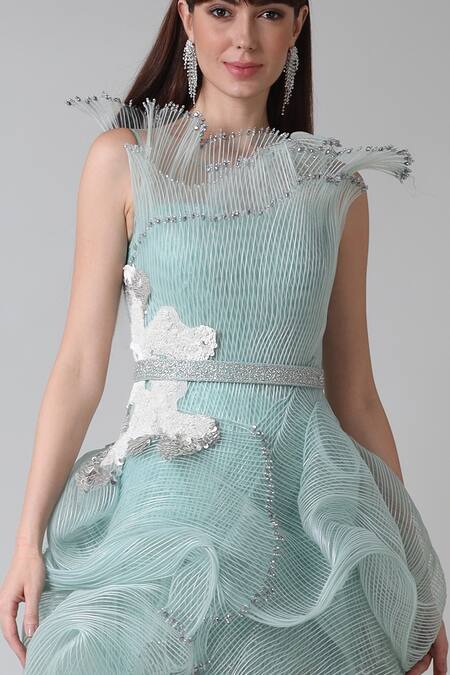 Geisha Designs_Green Nylon Embroidered Crystal Asymmetric Margot Dress  _Online_at_Aza_Fashions