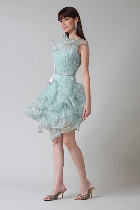 Buy_Geisha Designs_Green Nylon Embroidered Crystal Asymmetric Margot Dress  _Online_at_Aza_Fashions
