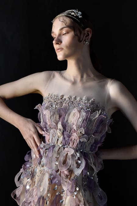 Geisha Designs_Pink Polyester, Viscose, Nylon Beads, Crystals, Chloe Leaves Embroidered Gown _Online_at_Aza_Fashions