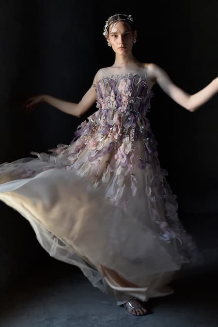 Buy_Geisha Designs_Pink Polyester, Viscose, Nylon Beads, Crystals, Chloe Leaves Embroidered Gown _Online_at_Aza_Fashions