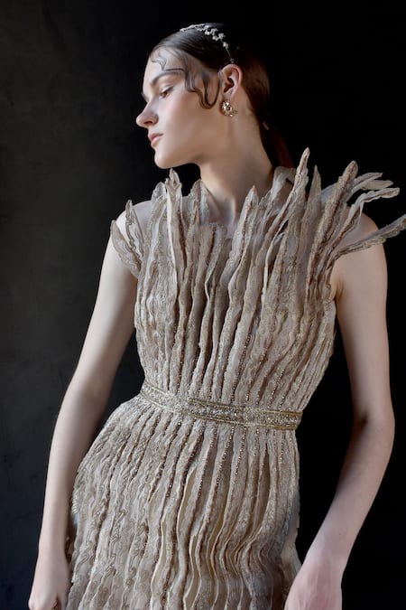 Buy_Geisha Designs_Gold Polyester, Viscose, Nylon Crystals, Embroidery Round Neck Elea Gown _Online_at_Aza_Fashions