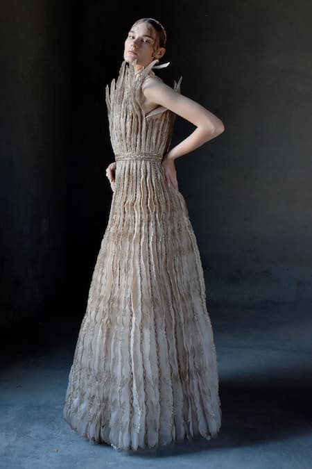 Shop_Geisha Designs_Gold Polyester, Viscose, Nylon Crystals, Embroidery Round Neck Elea Gown _Online_at_Aza_Fashions