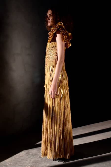 Buy Geisha Designs Gold Nylon Embroidered Floral Round Donna Braided Gown Online at Aza Fashions Buy_Geisha Designs_Gold Nylon Embroidered Floral Round Donna Braided Gown _Online_at_Aza_Fashions