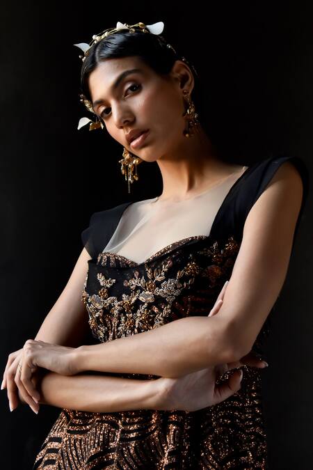 Geisha Designs Brown Polyester Embroidered Floral Illusion Elayn Butterfly Wings Gown Online at Aza Fashions Geisha Designs_Brown Polyester Embroidered Floral Illusion Elayn Butterfly Wings Gown _Online_at_Aza_Fashions