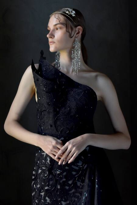 Geisha Designs_Black Nylon Embroidered Floral Asymmetric Thea Fit And Flared 3d Gown  _Online_at_Aza_Fashions