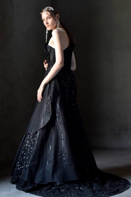 Buy_Geisha Designs_Black Nylon Embroidered Floral Asymmetric Thea Fit And Flared 3d Gown  _Online_at_Aza_Fashions