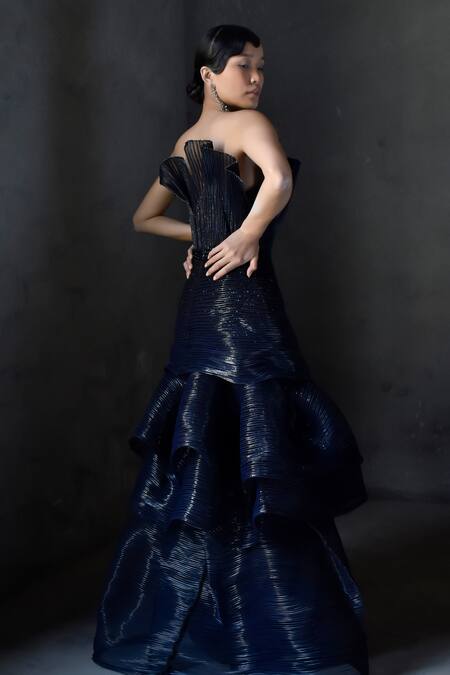 Shop_Geisha Designs_Black Nylon Embroidered Bead Off Shoulder Valerie Micro Pleated Gown  _at_Aza_Fashions