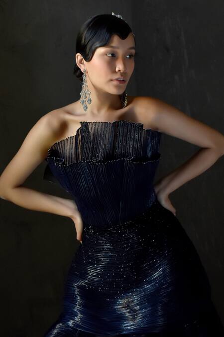 Geisha Designs_Black Nylon Embroidered Bead Off Shoulder Valerie Micro Pleated Gown  _Online_at_Aza_Fashions
