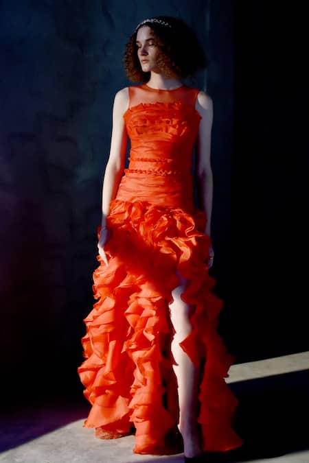 Geisha Designs Orange Nylon Embroidered Rhinestone Round Corallie Gown 