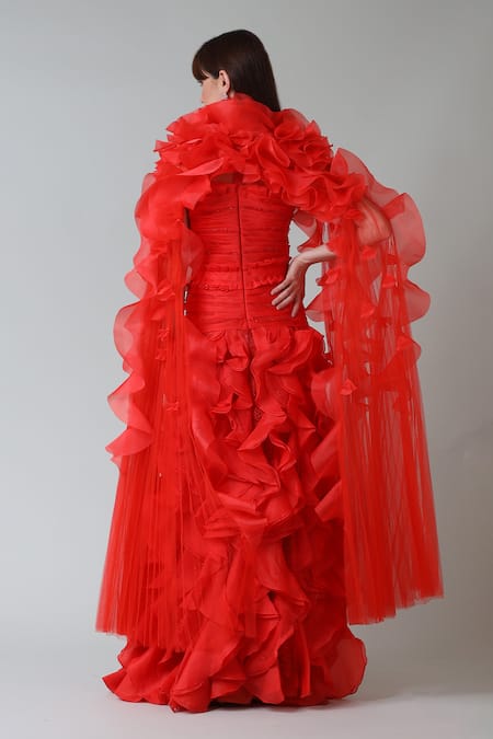 Geisha Designs Corallie Rhinestone Embroidered Gown With Cape 