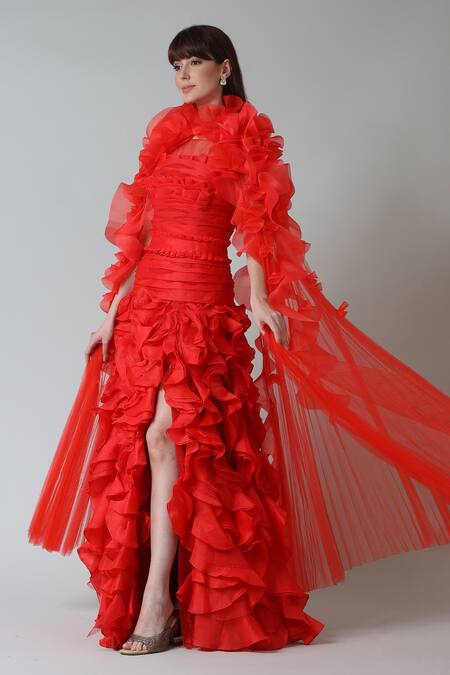 Buy_Geisha Designs_Orange Nylon Embroidered Rhinestone Gown Round Corallie With Cape _Online_at_Aza_Fashions