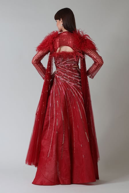 Geisha Designs Lisette Feather Fringed Gown With Cape 