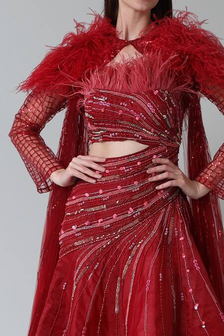 Geisha Designs_Red Viscose Embroidered Feather Fringes Gown Off Shoulder Lisette With Cape _Online_at_Aza_Fashions
