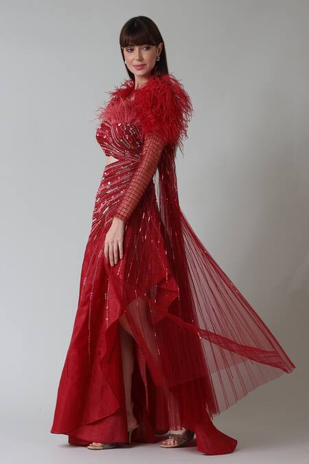 Buy_Geisha Designs_Red Viscose Embroidered Feather Fringes Gown Off Shoulder Lisette With Cape _Online_at_Aza_Fashions