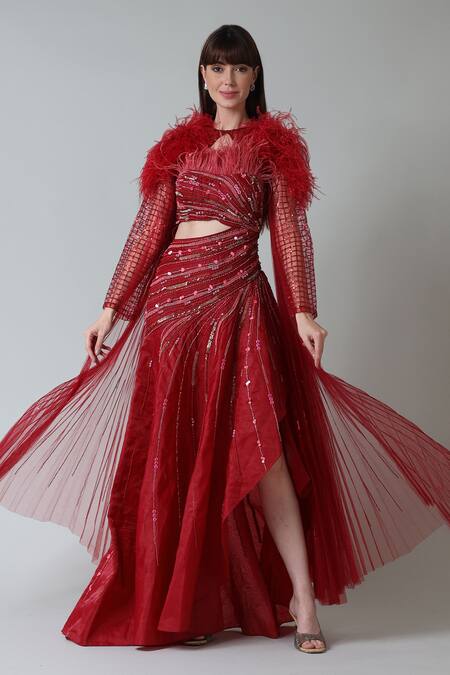 Shop_Geisha Designs_Red Viscose Embroidered Feather Fringes Gown Off Shoulder Lisette With Cape _Online_at_Aza_Fashions